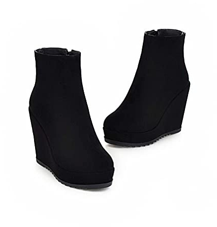PUSBON Woman Fashion Wedge Heel Ankle Boots Nubuck Leather Platform Zipper Booties Black