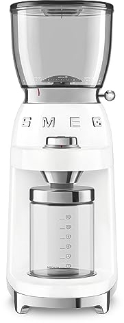 Smeg, Macinacaffè CGF11WHEU, Livello di Macinatura Regolabile, 30 Step di Macinatura, Contenitore Chicchi Caffè da 350g, Quantità di macinatura regolabile, con Sistema Antistatico, 150W, Bianco