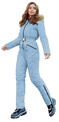Yousify Womens Winter Ski Suit One Piece Hooded Fur Collar Ski Jumpsuit Snowsuit Outdoor Sports Coat
