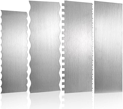 ZEAYEA 4 Pieces 304 Stainless Steel Cake Scraper, 9 Inch/ 10 Inch Double Sided Patterned Edge Smoother Scraper, Large Cake Decorating Comb, Cake Pastry Cutter for Mousse Butter Cream Cake Decoration
