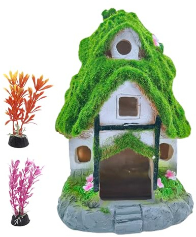M2cbridge Aquarium Decorations Fish Hideout House Betta Cave Landscape Garden Decoration with Green Lifelike Moss (Garden Shed)