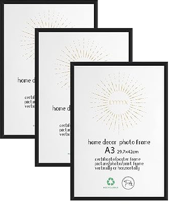 LYYYYX Lot de 3 cadres photo, format A3, en aluminium, noirs, avec verre acrylique, à suspendre verticalement ou horizontalement, pour photos, affiches, puzzles
