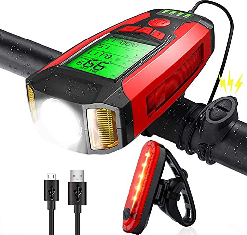 Lazeny Luz Bicicleta Recargable USB, Luces Bicicleta Delantera con Velocímetro Odómetro y Bocina, Luz Bicicleta Impermeable Trasera Linterna para Ciclismo Carretera y Montaña para la Noche (Rosso)
