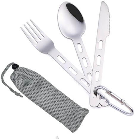 CAASFOOY Lot de 3 couverts camping, kit voyage en acier inoxydable, pour pique-nique ou camping cuillère fourchette baguettes avec