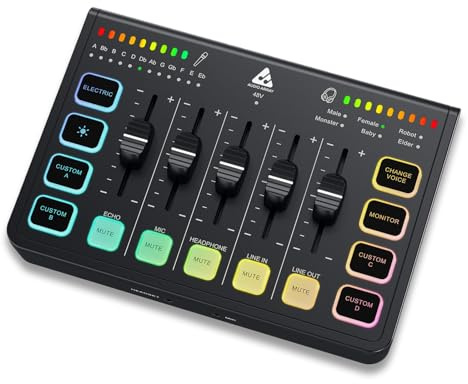 Audio Array AI-06 Streaming Audio Mixer Sound Card | XLR, 1/4 & line in | PC/Phone RGB Mixer with Volume Fader, Individual Control, Mute and Monitoring, 48V Phantom Power | Stream, Podcast & Karaoke