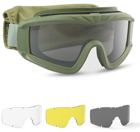 Feyachi Airsoft-Brille Taktische Militär Schutzbrille mit 3 austauschbaren Gläsern UV400-Schutz Schießbrille Anti-Fog-Brille Outdoor Sport Jagd Radfahren Paintball (Armeegrün)