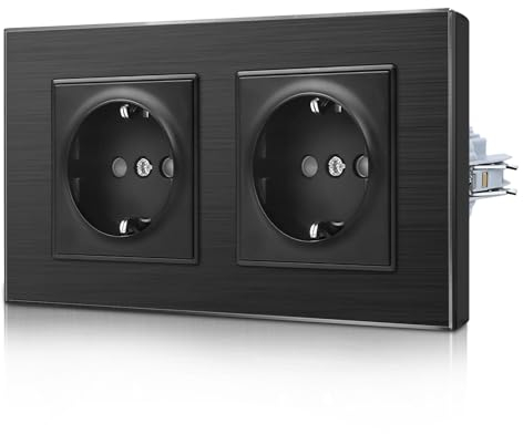 CNBINGO Doppia presa in alluminio con ganci di serraggio – Doppia presa Schuko da incasso – contatto di protezione da incasso – presa da parete con telaio in alluminio – 2 scomparti – nero