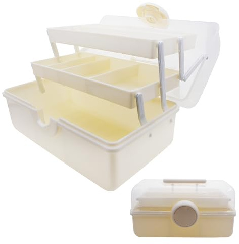 ANMOO 3 Layer Multipurpose Storage Box with Compartments, Portable Organizer for Makeup, Crafts, Tools, Sewing and Hair Accessories (Cream, L)