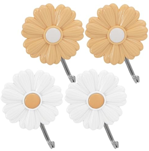 JOINPAYA 4-Pack Adhesive Daisy Wall Hooks Cute Decorative Sticky Hooks for Hanging Clothes Hats Towels Kids Room Organiser Space-Saving