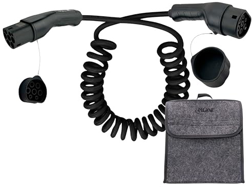 InLine EV 16275S Coiled Charging Cable for Electric Car Type 2 EN 62196 with Storage Bag 11 kW Max / 7.4 kW / 3.7 kW / 3.7 kW / 16 A Three Phase Compatible with i3, iX, ID.3, ID.4 and Models