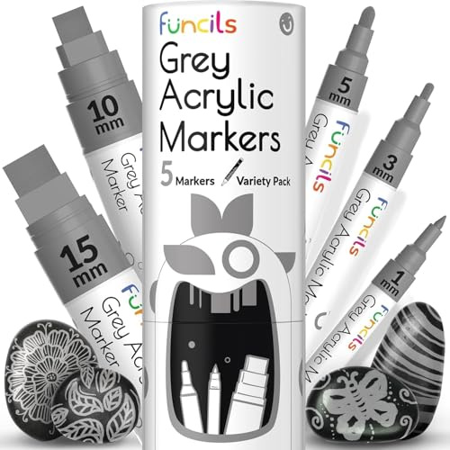 Funcils 5 Grey Paint Pen - Grey Acrylic Paint Marker for Wood, Fabric