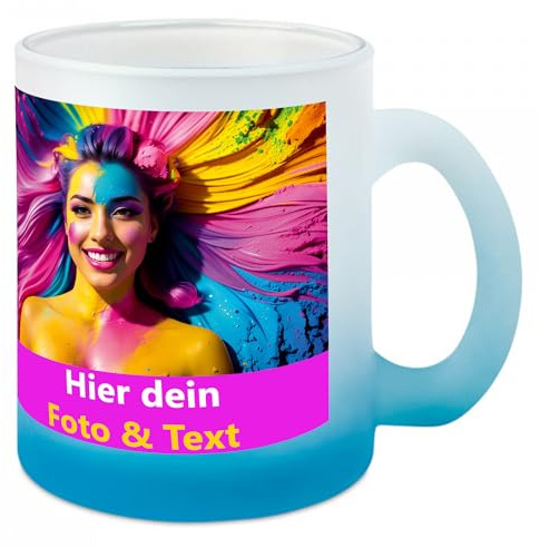 Kiwistar - Glastasse satiniert mit Farbverlauf - selbst gestalten - Foto - Wunschtext - individuell bedruckt - personalisiert - Geschenkidee - Becher mit Foto und Text - 9,5x8cm - 300cm.