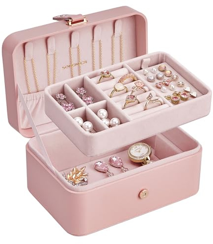 SONGMICS Jewelry Organizer Box, Travel Jewelry Case, 2-Layer Travel Case for Earrings, Necklaces, Bracelets - Portable Jewelry Storage with Large Capacity, Gift Idea, Jelly Pink UJBC166R01