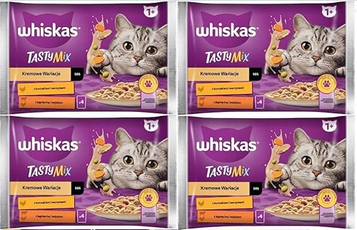 WHISKAS Katzennassfutter Tasty Mix Cremige Variationen im Beutel mit Huhn, Lamm und Pute in Sauce 16 Beutel à 85g (4 x 4 x 85g)
