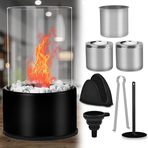 JONRRYIN Tischkamin Outdoor, Rauchfrei Tischfeuer mit Winddichtem Glasabdeckung, Bioethanol Ethanol Kamin für Indoor & Outdoor Balkon Terrasse Wohnung Garten Deko (Black)