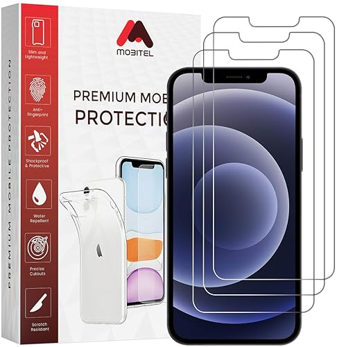 Mobitel 3-Pack Screen Protector 9H Tempered Clear Glass HD Clear Anti-Scratch Anti-Bubble Case-Friendly Easy Installation (iPhone 12/12 Pro)
