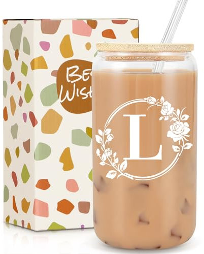 Gifts for Women, Birthday Gifts for Women, Personalised Monogrammed Gift, 16oz Initial Glass Cup with Lids Straws, Personalised Custom Cute Glass Cup for Mom, Teachers, Friends, Initial L