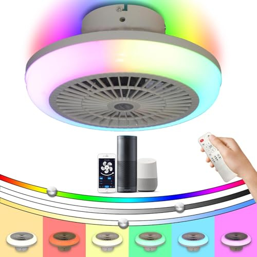 YFHKWJ RGB Ceiling Fan with Lights Modern Bluetooth Fan Light Ceiling Colour Changing 6-Speed Remote Control RGB Color Flush Mount Enclosed Low Profile Ceiling Fan for Boys Girls Kids Bedroom