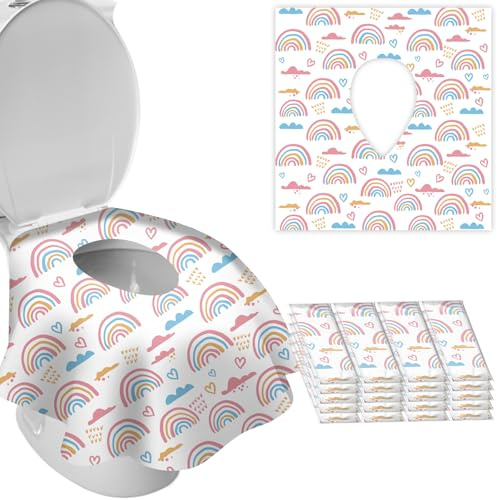 SUNDEE 20Pcs XL Toilet Seat Covers Disposable, Safe No-Slip Waterproof for Kids Toddlers Use in Potty Training Public Restrooms Toilets, Individually Wrapped Portable Covers for Adults Travel -Rainbow