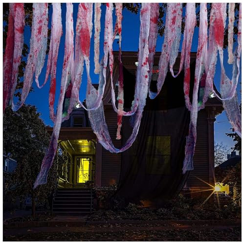 Yuqilin Halloween dekoration halloween blodig gasväv dekoration 8 cm x 10 m vit skräckduk med blodiga handavtryck läskigt krypande spökpropi festdekor