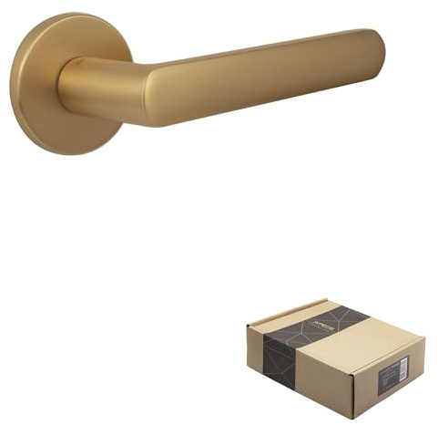 APECS Dörrhandtag innerdörrar dörrhandtag gyllene matt modernt dörrhandtag för ytterdörr och innerdörr med runda rosetter handtagsset med fästmaterial dörrbeslag modell KUMA