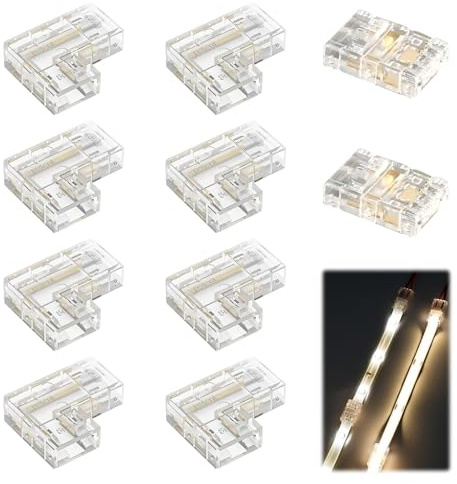 Conectores Tiras LED de 2 Pines y 8 mm de Ancho, 8Pcs Conectores en L y 2Pcs Conector Directo, Juego de Conectores para Tiras COB Transparente y Sin Soldadura, Conectores LED de 12V/24V 2 Pines
