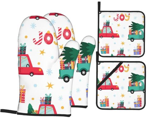 Ofenhandschuhe und Topflappen-Sets Joy Weihnachtsbaum Auto Hitzebeständige Küche Backhandschuhe Rutschfeste Oberfläche zum Kochen Backen Grillen Grillen