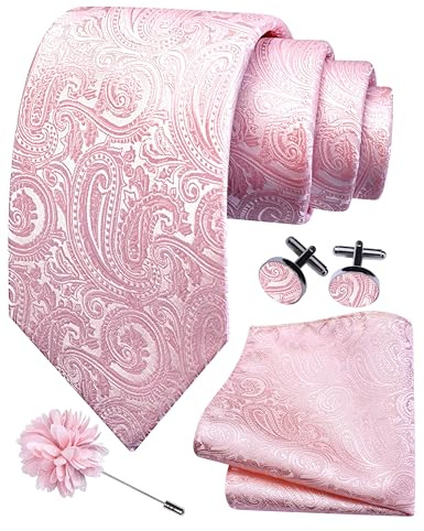 Gusleson Light Pink Tie for Men Wedding Silk Paisley Necktie Pocket Square Cufflinks and Lapel Pin Brooch Set (UK6103-30)