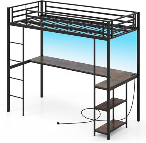 LIFEZEAL Hochbett 90 x 200 cm, Etagenbett mit Schreibtisch & 3 Regalen, Ladestation, LED-Lichtern, Metallbett mit Barriere, für Kinder, Jugendliche, Belastung 200 kg (Schwarz)