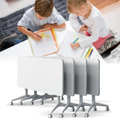 Konferenztisch, modern, weiß, zusammenklappbar, mobiler Trainingstisch, 140 cm D x 55 cm B x 75 cm H. Der abgerundete Tisch mit Rollen ist bequem und schnell, geeignet für Büro, Konferenzraum, Klasse