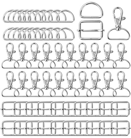 BigKego 60 Stück 25mm Karabinerhaken mit Drehgelenk Silber Metall D Ringe Verstellbare Schiebeschnalle Taschenzubehör zum Nähen für DIY Handtaschen Geldbeutel Rucksack Hundehalsbänder