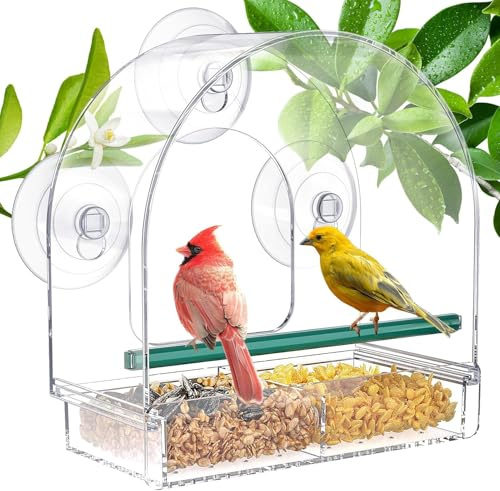 WELDUN Fenster Futterhaus für Vögel, Transparent Vogelhaus Futterspender | mit starken Saugnäpfen abnehmbar Vogelfutterspender, für kleine Wildvögel, Finken, Kardinal, Bluebirds, 20x10x21cm