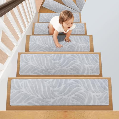 Suimlmta 15 PCS Stair Treads Pads 20 x 76 cm Stair Mats Carpets, Non-Slip Step Protectors Reusable Stair Runner Rugs Covers for Home Indoor Pets Kids Elders, Grey