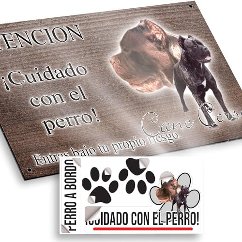 Cane Corso Cartel Cuidado Perro Peligroso 20x12,5cm - Diseño Madera Marrón Dibond con Pegatina Coche 20x5cm