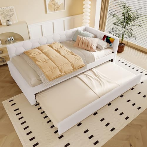 Daybett 90*200cm Tagesbett, Schlafsofa, Bett mit Lattenrost, mit LED-Lichtleiste und USB-Anschluss, mit multifunktionalem Ausziehbett, Komfortmaterial, Vliesimitat(Weiß mit Ausziehbett, 90x200CM)