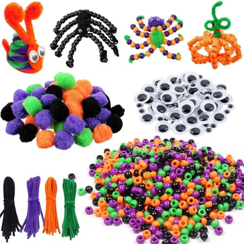 Halloween Basteln Kinder,1000 Stück Bastelset Spinnen Perlen,Halloween Deko,Bastelset Kinder mit Bunten Perlen,Bunten Fellknäueln,Schwarzen Weißen Augen und Pfeifenreiniger,Mitgebsel Kindergeburtstag