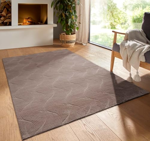 Taracarpet Kurzflor Boho Skandi Polyester Teppich in 3D Optik waschbar, pflegeleicht und robust ideal fürs Wohnzimmer, Schlafzimmer und Kinderzimmer auch als Badematte Taupe Düne 160x230 cm
