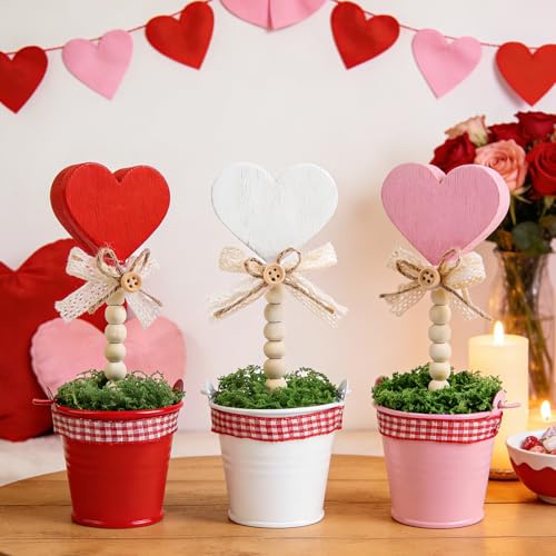 Fangoo 3 Piezas Rústico Mini Madera Corazón En Maceta Letrero Decoración para San Valentín Rosa Blanco Rojo Decoración con Corazones para Dulces para Centro de Mesa Boda Día de San Valentín Partes