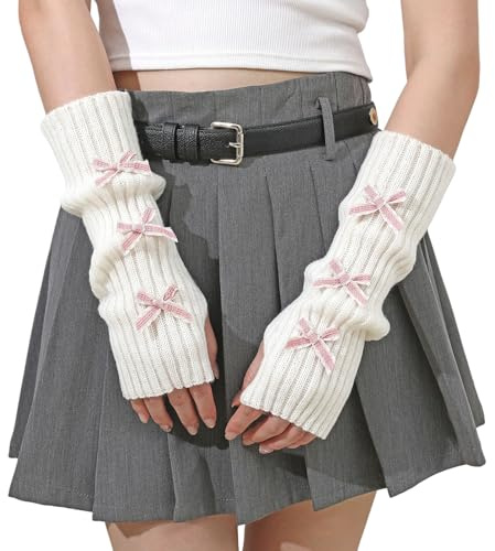 DWE Arm Warmers for Girls Women, Cute Bow Arm Warmers Y2k Accessories Winter Long Fingerless Gloves Soft Knit Wrist Warmers with Thumb Hole