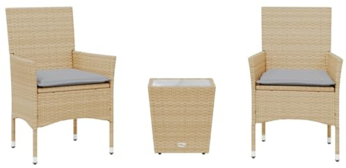 XHNIFBN 3-TLG. Bistro-Set Poly Rattan Sitzgruppe Gartenmöbel mit Glastisch und 2 Stühlen Beige Balkonmöbel Set inkl. Sitzkissen für Terrasse Garten und Hinterhof