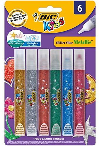 BIC Kids Colle à Paillettes - Couleurs Métallisées Assorties, Blister de 6