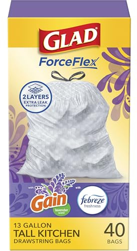 Glad ForceFlex Tall Kitchen Trash Bags, 13 Gal, Gain Lavender with Febreze, 40 Ct (Pack May Vary)