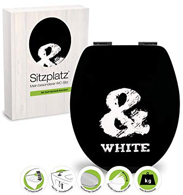 SITZPLATZ® WC-Sitz mit Absenkautomatik, Dekor Black Humor, High Gloss Toilettensitz mit Holzkern, Fast-Fix Befestigung, Standard O Form universal, Metallscharniere, Motiv WC Deckel glänzend, 40374 0