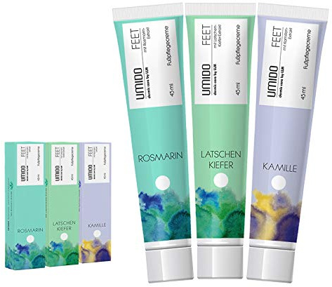 UMIDO 3 Stück Set Fuß-Creme Set 45 ml | 1x Rosmarin | 1x Latschenkiefer | 1x Kamille | Fußbalsam | Fußlotion | Pflegecreme | Fußpflegecreme | Creme