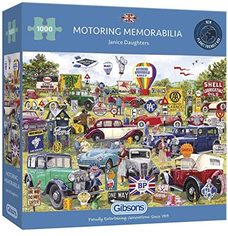Gibsons Motoring Memorabilia 1000 Piece Jigsaw Puzzle – Vintage British Car Collection by Janice Daughters – Classic Motoring Nostalgia Puzzle for Adults – Premium Recycled Board –Gift Made in the UK