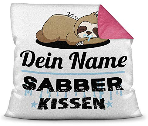 Print Royal Kissen inkl. Füllung Faultier PERSONALISIERT mit Wunschname für Ihn - Sein Name Sabberkissen - Kuschelkissen/Lustige Geschenkidee für Männer/Freund/Geburtstag - Farbkissen Rückseite Pink