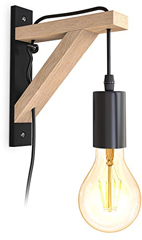 B.K.Licht Lampada da parete in metallo e legno naturale, interruttore sul filo lungo 2.5m, lampadina E27 non inclusa, applique da muro retrò per la lettura in camera da letto o salotto, IP20