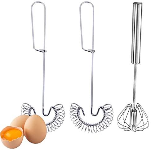 3 Pack Stainless Steel Egg Whisk Versatile Easy Whisk Hand Push Rotary Milk Frother Cooking Beater Manual Mixer for Beating Eggs Mixing Whipping Smoothies Shakes (2 Styles)