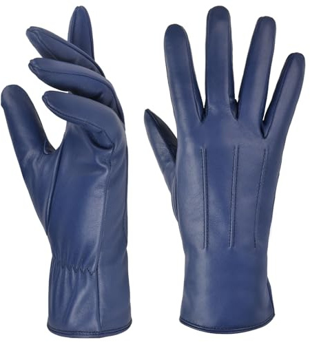 Harssidanzar Women Leather Gloves,Winter Warm Cashmere Lining Touchscreen Texting Warm Driving Lambskin Leather Gloves GL017,Blue, Size S