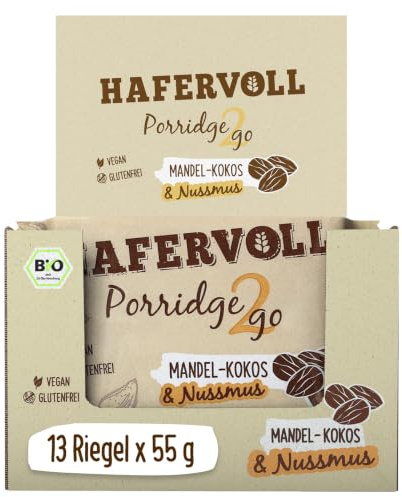 Hafervoll Porridge2go Mandel-Kokos & Nussmus, 13 x 55g Riegel - Vegan, Bio, Glutenfrei, Naschen ohne Zusatz von Zucker, mit Hafer, Datteln und Quinoa-Pops